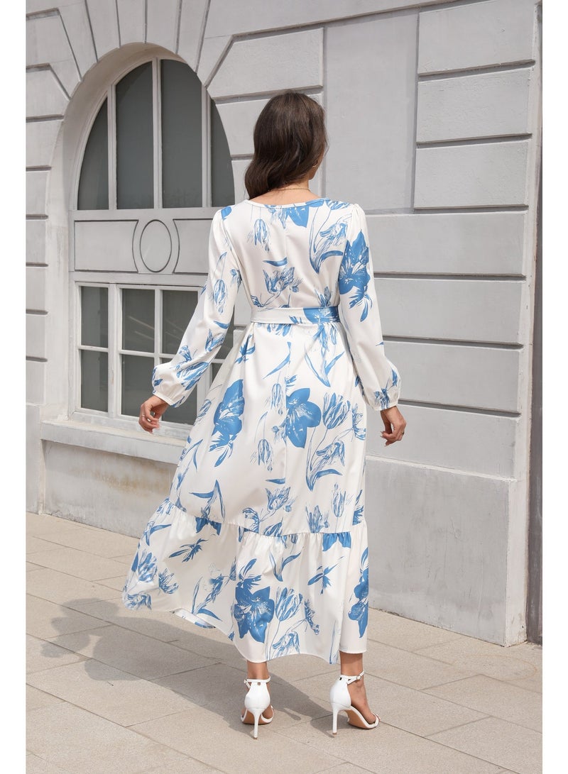 Maxi Dresses for Curvy Women Casual 3/4 Sleeve Crewneck Floor Length Floral Print Dress with Belt - Image 2